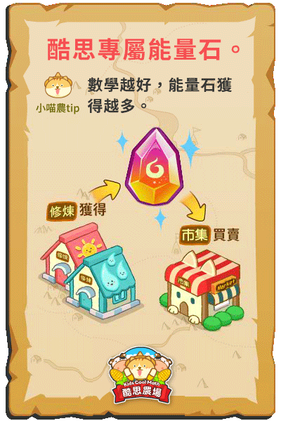 酷思農場的能量石是從課程修鍊中獲得，可用於喵市集裡的買賣